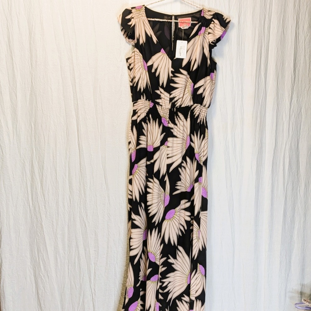Kate Spade New York Falling Flower Jumpsuit Black Flowy Smocked Size 8 Flutter